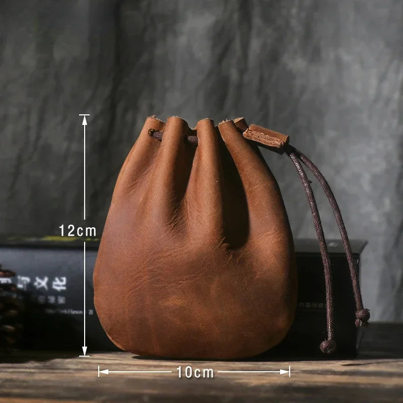 Drawstring Coin Storage Bag Handmade Genuine Leather Unisex Coin Purse Cow Leather Coins Money Pocket Retro Wallet Bags