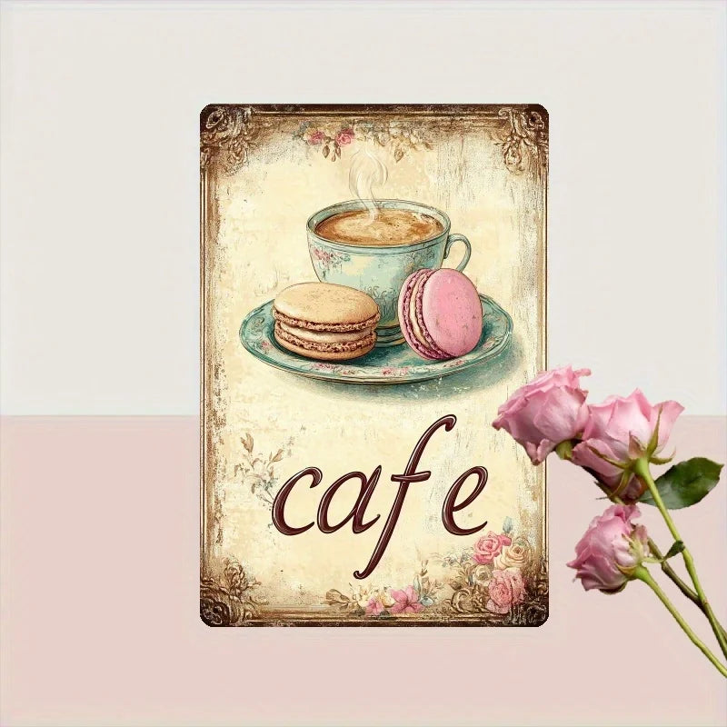 Vintage Cafe Tin Sign, 8x12 Inch Iron Wall Art with Rustic Coffee Design - Perfect for Home, Office, Restaurant Decor