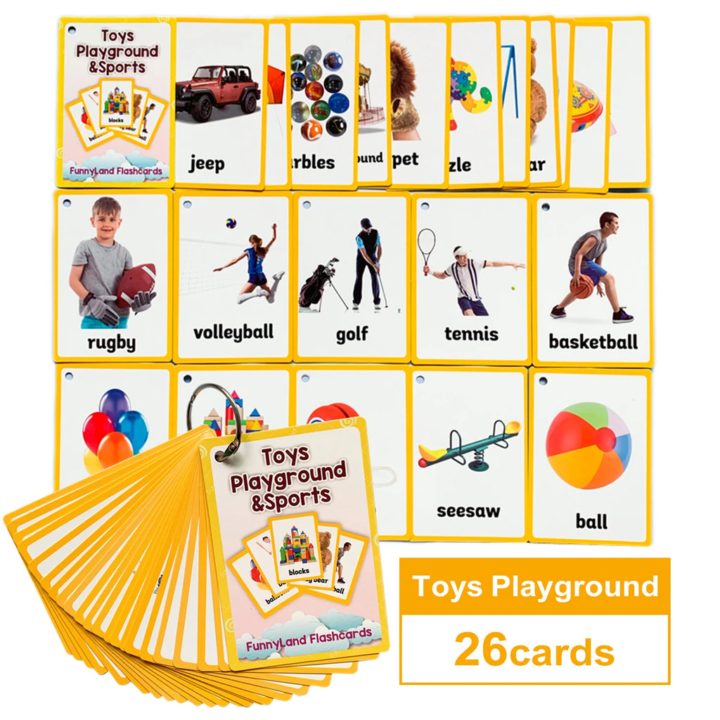 26Pcs Toy Playground & Sports Theme English Flashcards for Kids Children Homeschool Vocabulary Early Educational Cognitive Cards