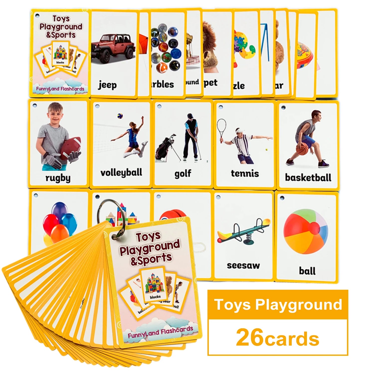 26Pcs Toy Playground & Sports Theme English Flashcards for Kids Children Homeschool Vocabulary Early Educational Cognitive Cards