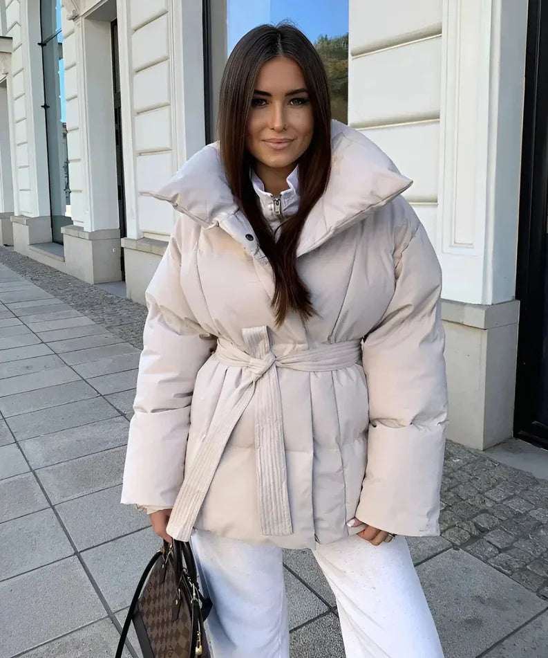 2025 Women's Clothing Parkas Warm-Weather Waist-Defining Long-Sleeve Tie-Waist Loose-Fit Solid-Color Fashionable Cotton Coat