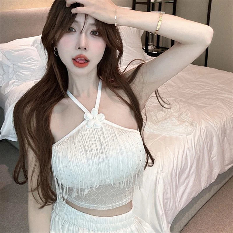 Summer Sexy Tassel Halter Camisole Women Solid Color Sleeveless Slim Tank Top