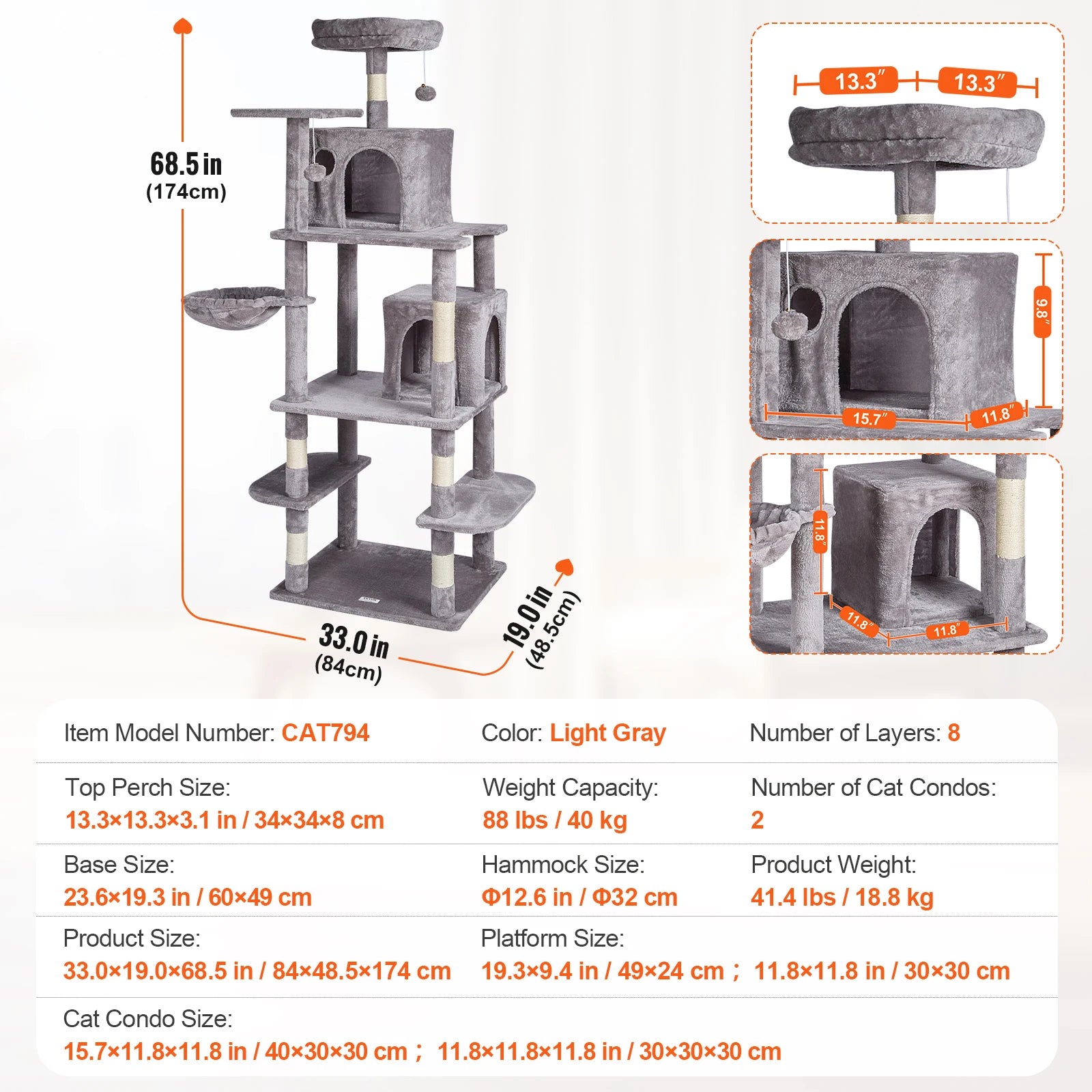 SucceBuy Cat Tree for Indoor Cats Cat Tower with Cat Condo Sisal Scratching Post HammockTop Perch Jumping Platforms Dark Grey