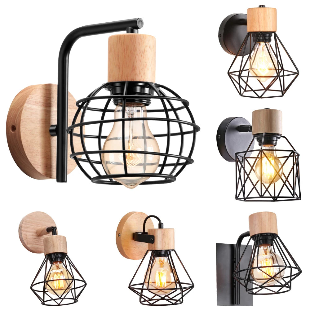 LED Wooden Wall Lights Vintage Wall Lamps Bedroom Bedside Lamp Shade Modern Wall Sconce for Kitchen Restaurant E27 Home Decor