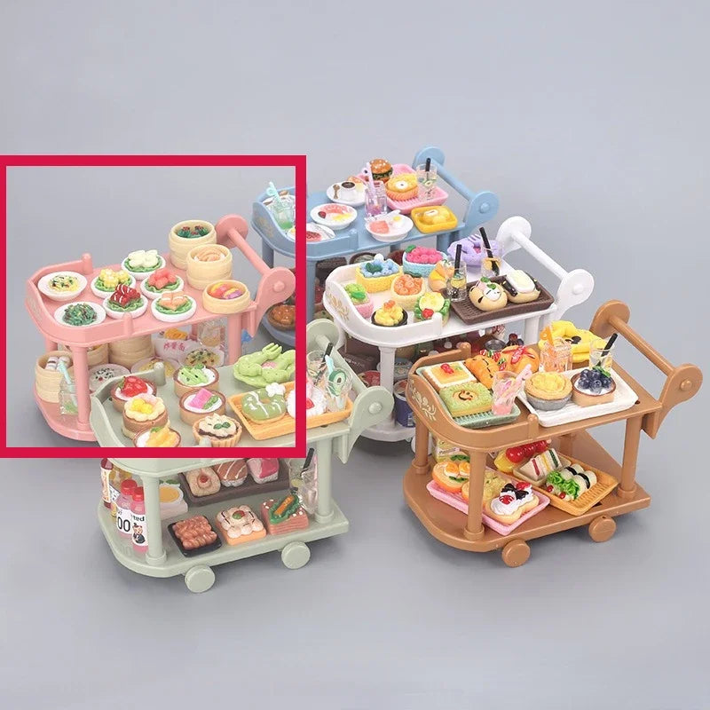 Dollhouse Food Carts Trolley with Mini Food 1set Dinnerware Drink Miniature House Toy Kitchen Scene Doll Accessories Home Decor