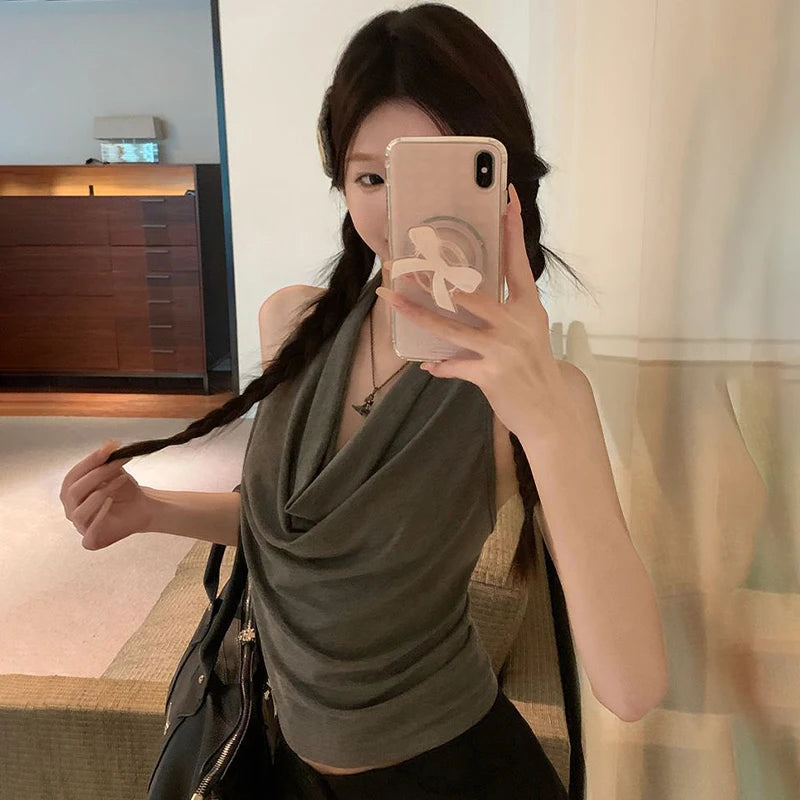 Summer Women Pure Desire Sexy Swing Collar Halter Sleeveless Slim Tank Top French Fashion Tank Top New 2025