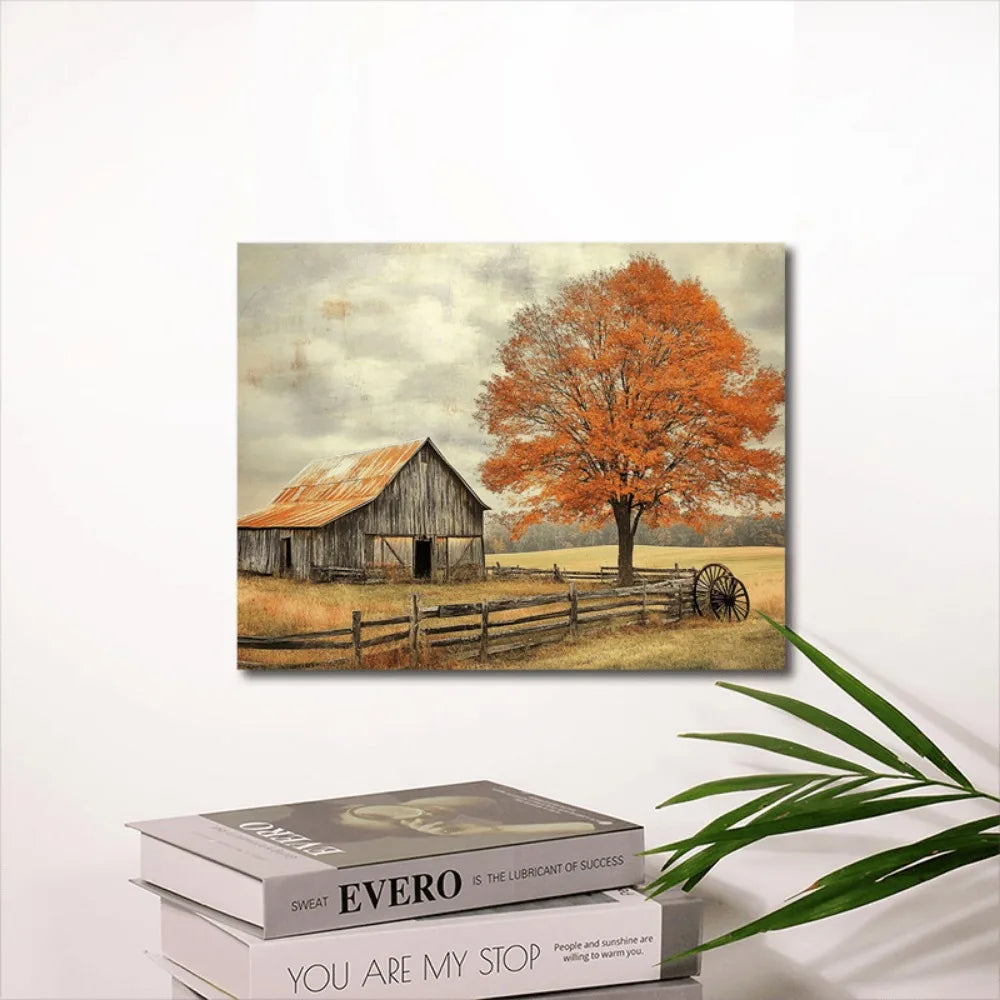 1.5 inch thick wood pine frame, interior Art Deco mural home decor mural, country farmhouse scene