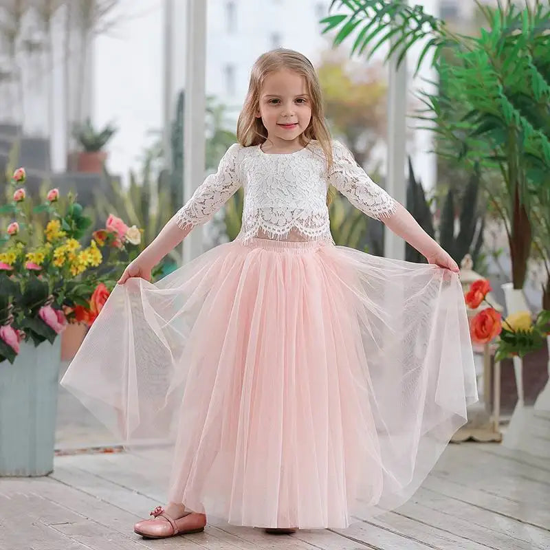 Children Set Clothing for Girls Half Sleeve Lace Top+Champagne Pink Long Skirt Kids Clothes 0-10T E17121