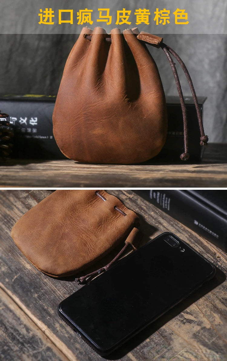 Drawstring Coin Storage Bag Handmade Genuine Leather Unisex Coin Purse Cow Leather Coins Money Pocket Retro Wallet Bags