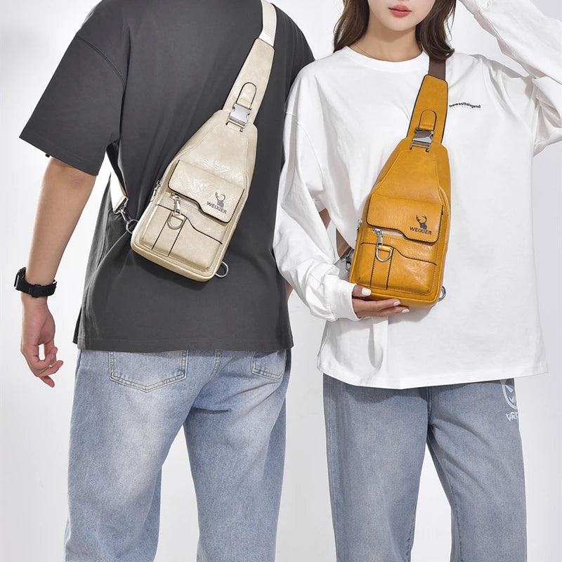 New PU Leather Crossbody Bag Vintage Casual Chest Bag Men Women Large Capacity Waterproof Sling Bag Simple Business Shoulder Bag