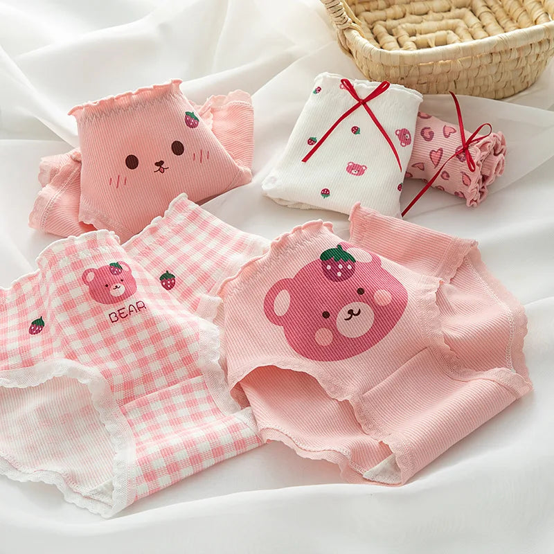 Women's Underwear Briefs Female Cartoon Strawberry Bear Cotton Panties Underpants Low Waist Pantys Ladies Breathable Lingerie