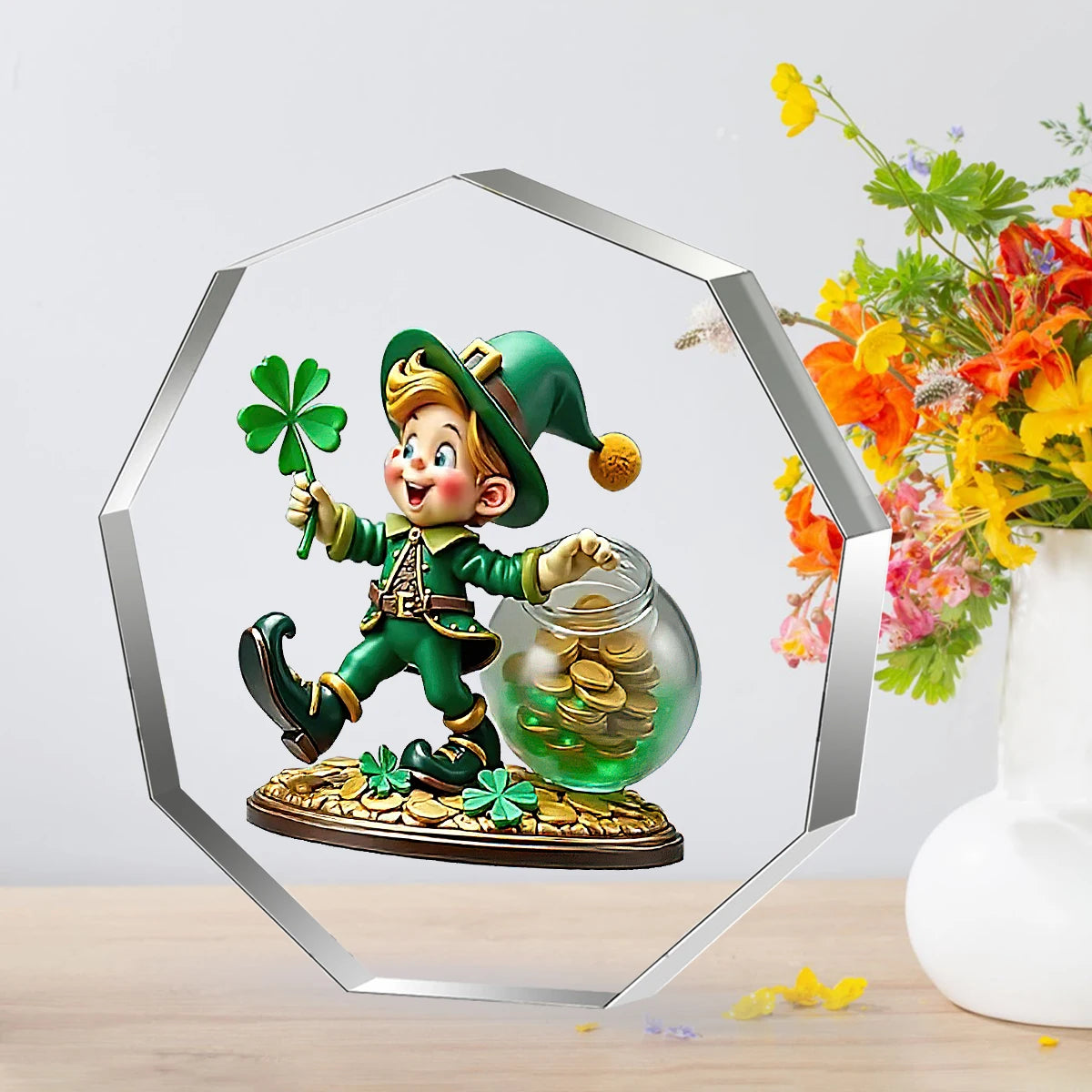 St. Patrick’s Day Leprechaun Acrylic Decor: Four-Leaf Clover & Pot of Gold Lucky Ornament for Home/Desk
