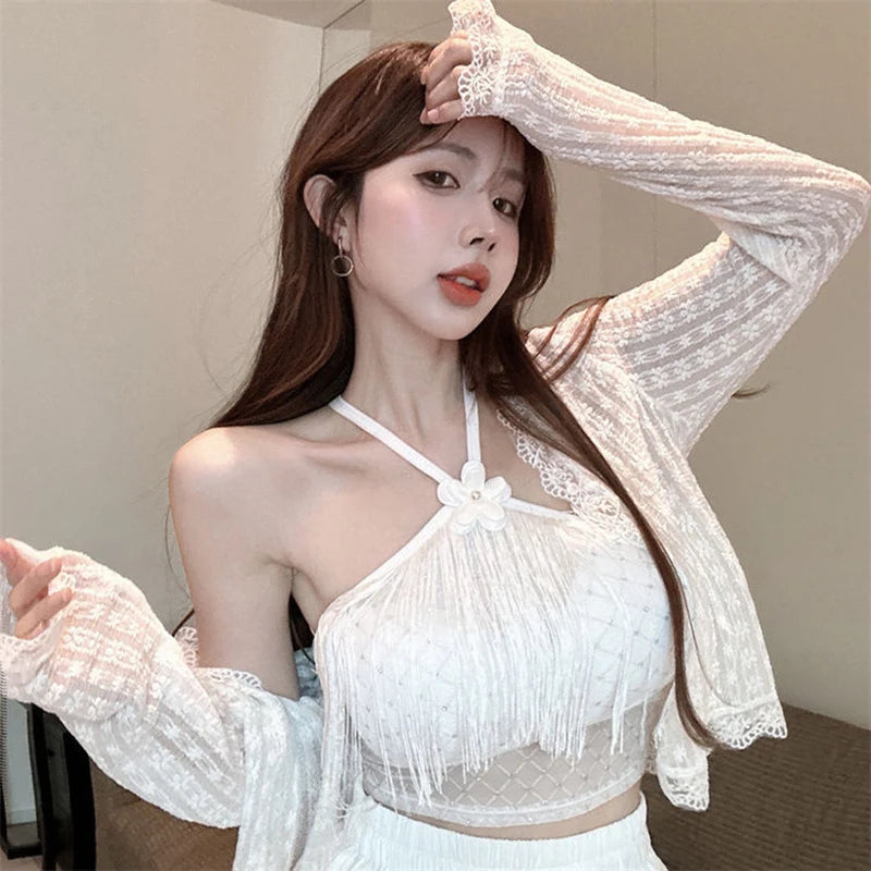 Summer Sexy Tassel Halter Camisole Women Solid Color Sleeveless Slim Tank Top