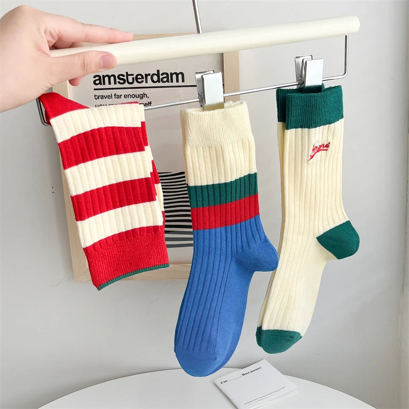Socks For Women New Fashion Autumn Striped Cotton Long Socks Breathable Soft Korean Style Cute Embroidery Girls Casual Comfort