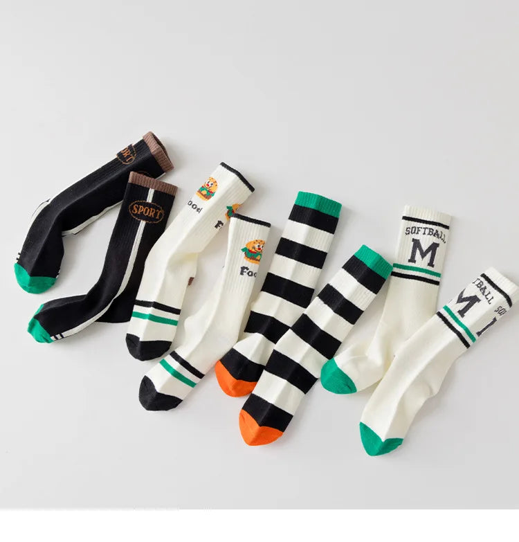 4 Pairs Long Socks Children's Newest Tennis Socks Knee Socks Cotton Striped Sporty Socks Boys Girls Skating Athletic Socks