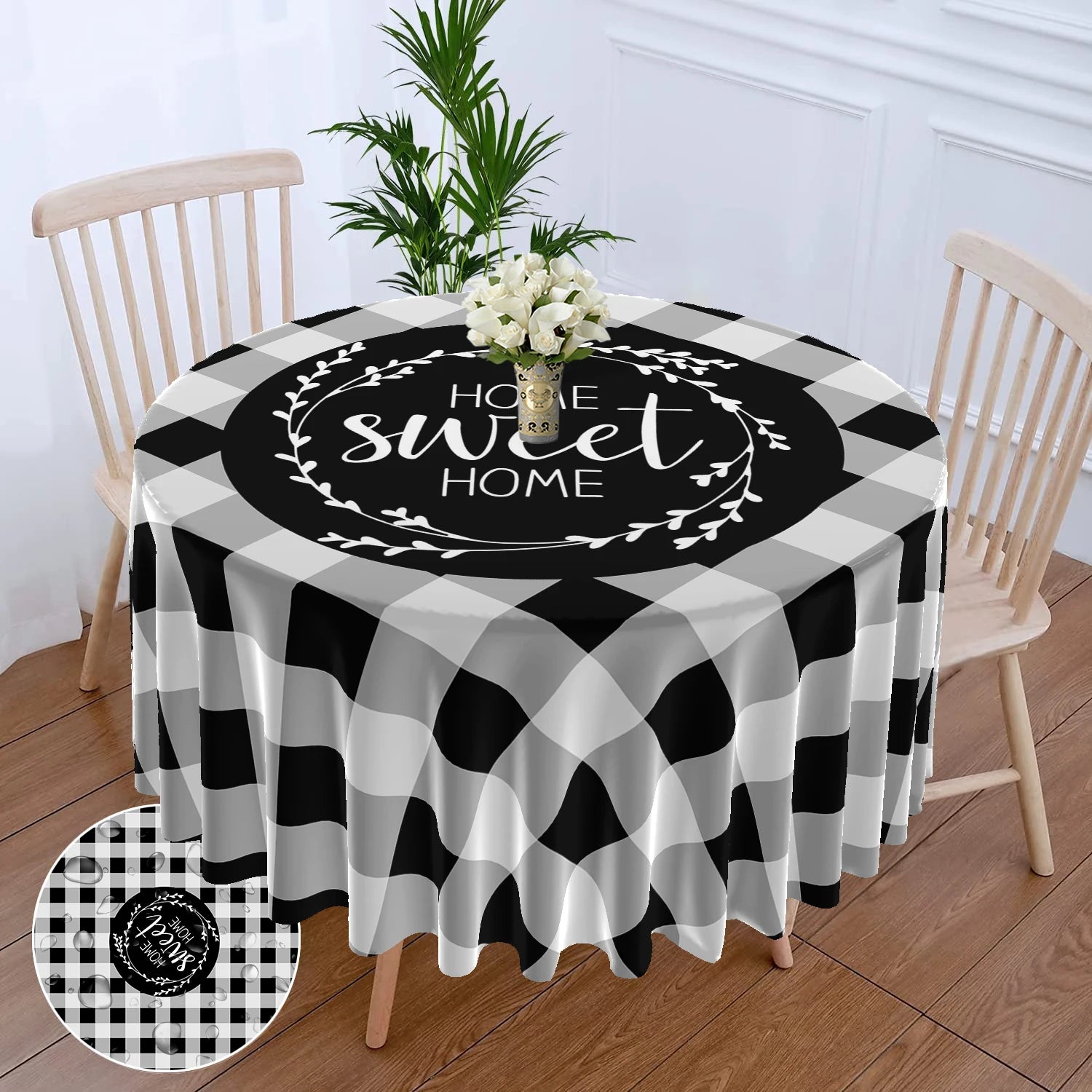 1 Piece Black White Checkered Circular Tablecloth Waterproof Dining Table Cover Lemon Bohemian Style 63 inch Tablecloth