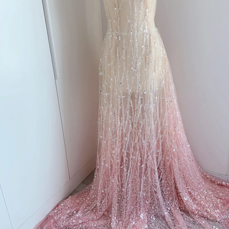 Pink Gradient Studded Sequin Fabric for Wedding Dresses Dance Costumes Stage Costumes Designer Fabrics for Sewing