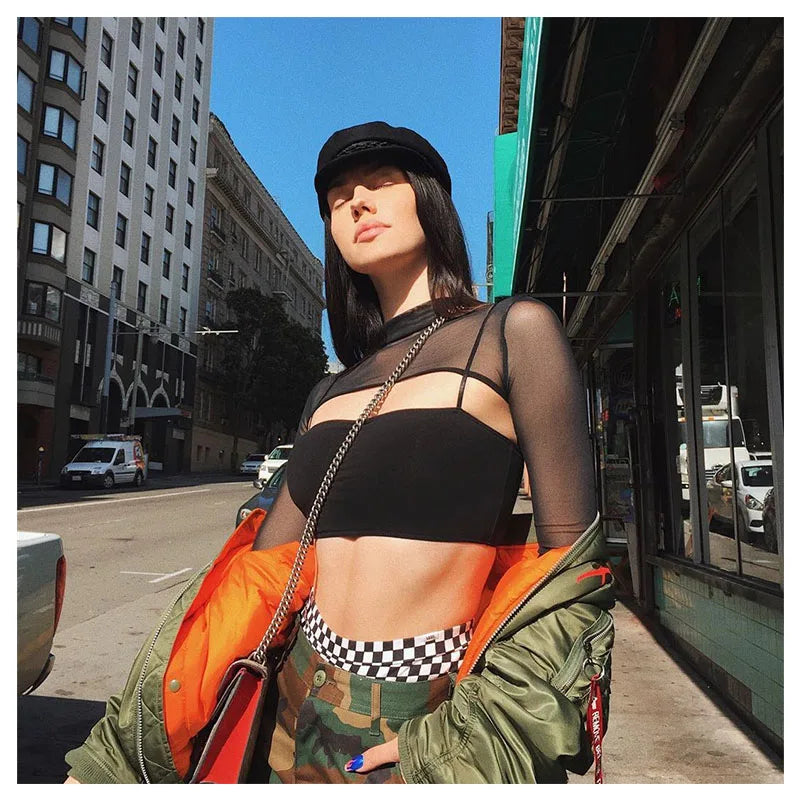 Hot Summer Sexy Top Ultra Short Perspective Round Neck Long Sleeve Solid Color Transparent T-shirt Women's Top