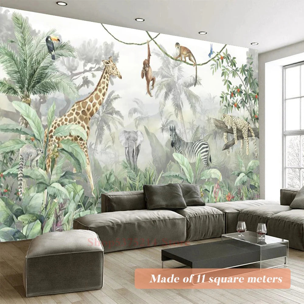 Baby Kids Room Decorative Wallpaper Jungle Animals Printed Wall Wallpapers For Nursery Room Renovation Elephant Giraffe Custom