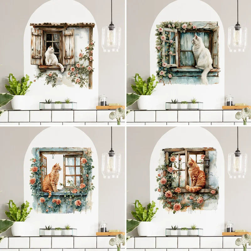 Cartoon Cat Window Wall Sticker Living Room Sofa Background Decoration Wallpaper For Home Decor Kids Room Art Decals M984