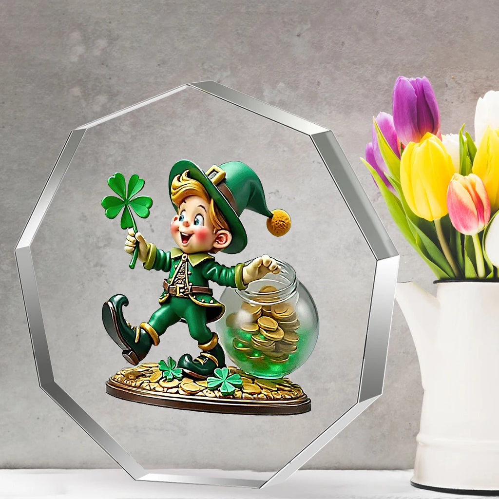 St. Patrick’s Day Leprechaun Acrylic Decor: Four-Leaf Clover & Pot of Gold Lucky Ornament for Home/Desk