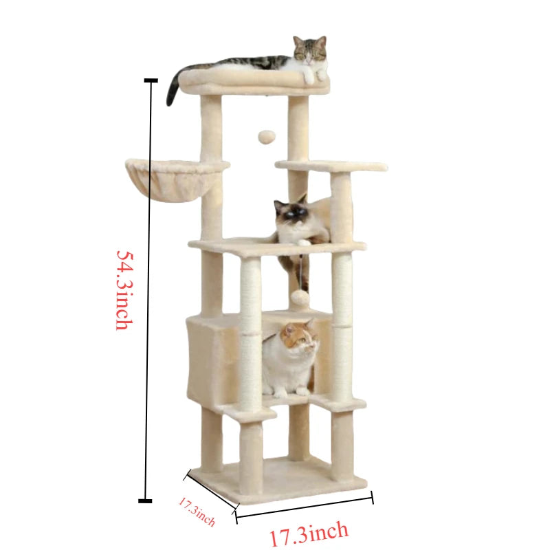 Cat Tree With Top Perch, Cat Tower With Plush Hammock, Cat Shelves And Dangling Pompom, Cat Scratching Posts And 2 Condos Houses