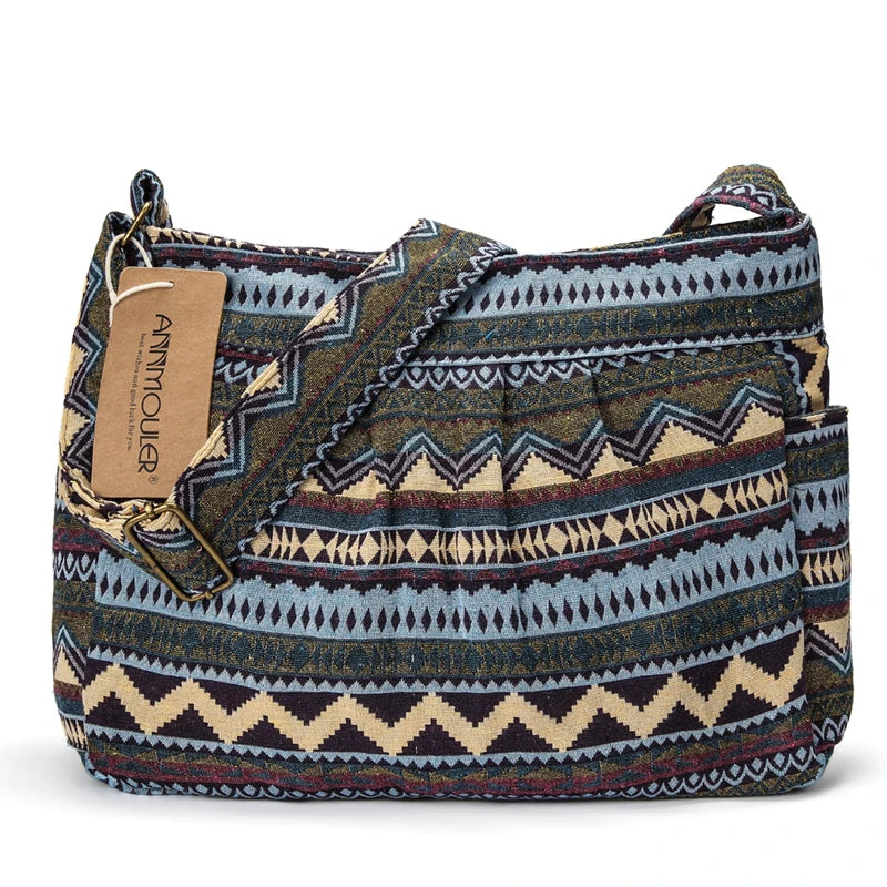 Annmouler Brand Women Crossbody Bag Vintage Large Capacity Shoulder Bag Multi-pocket Cotton Messenger Bag Hobo for Ladies