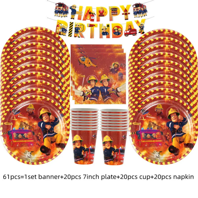 Fireman Sam Party Supplies Disposable Tableware Set Paper Plates Cups Tablecloth Fire Truck Birthday Party Decor Boys Baby Showe
