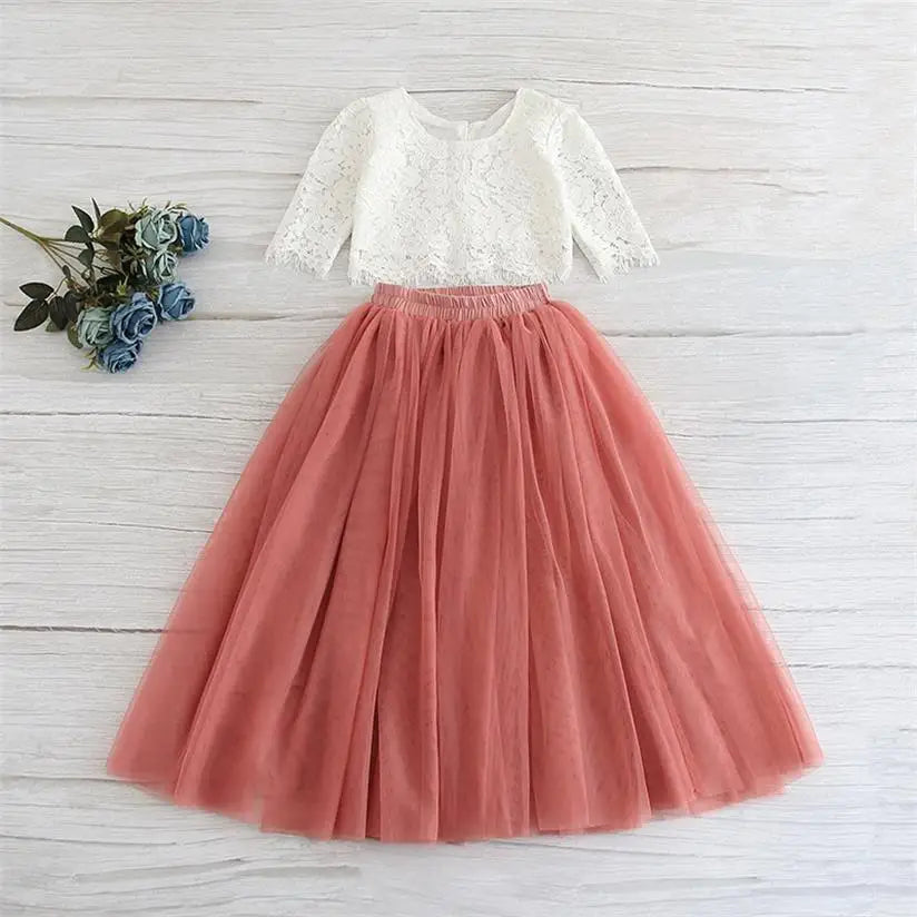 Children Set Clothing for Girls Half Sleeve Lace Top+Champagne Pink Long Skirt Kids Clothes 0-10T E17121