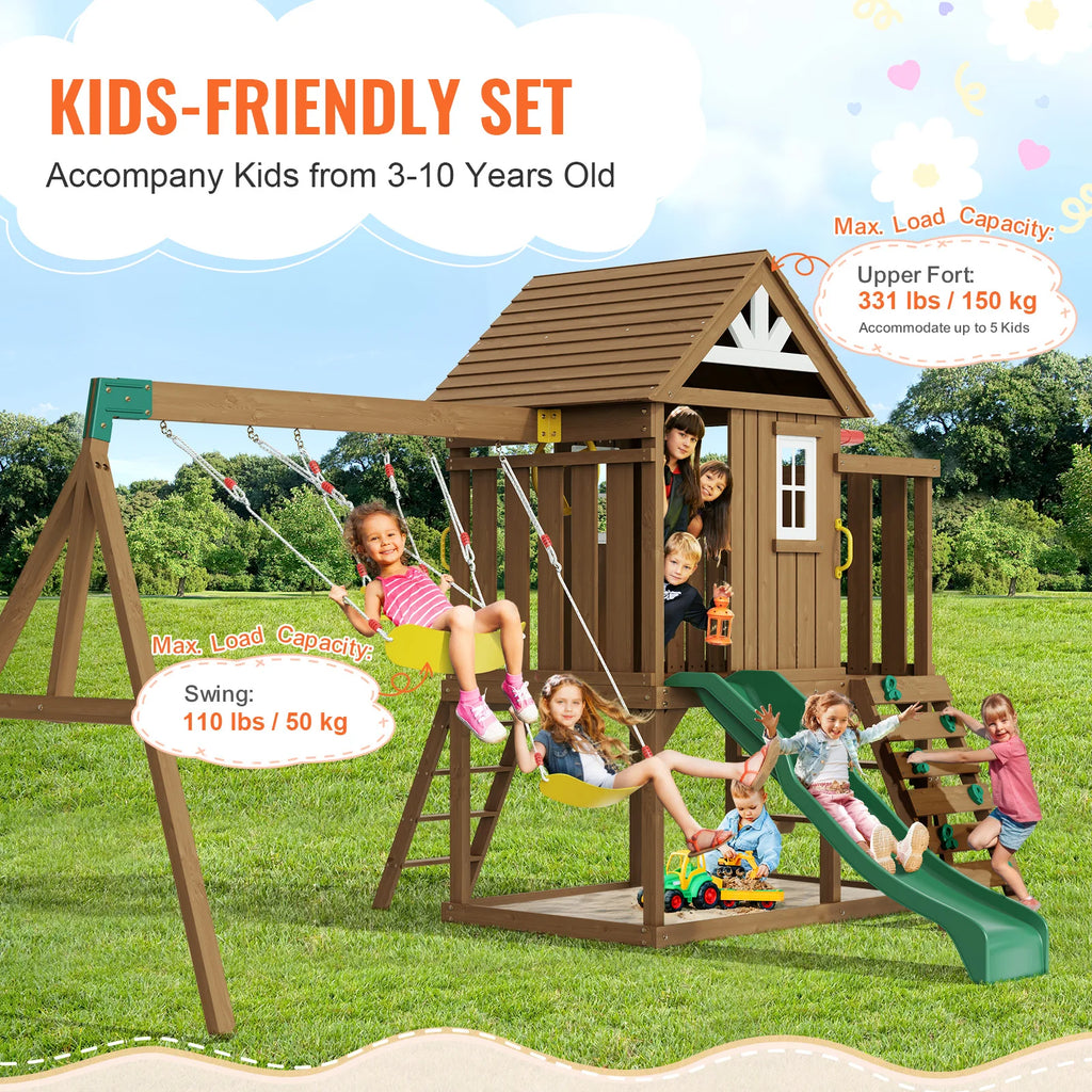 SucceBuy Wooden Swing Set 9/10 IN 1 Outdoor Playground Sets for Backyards 2 Swings Trapeze Bar 6 FT Slide Large Upper Fort