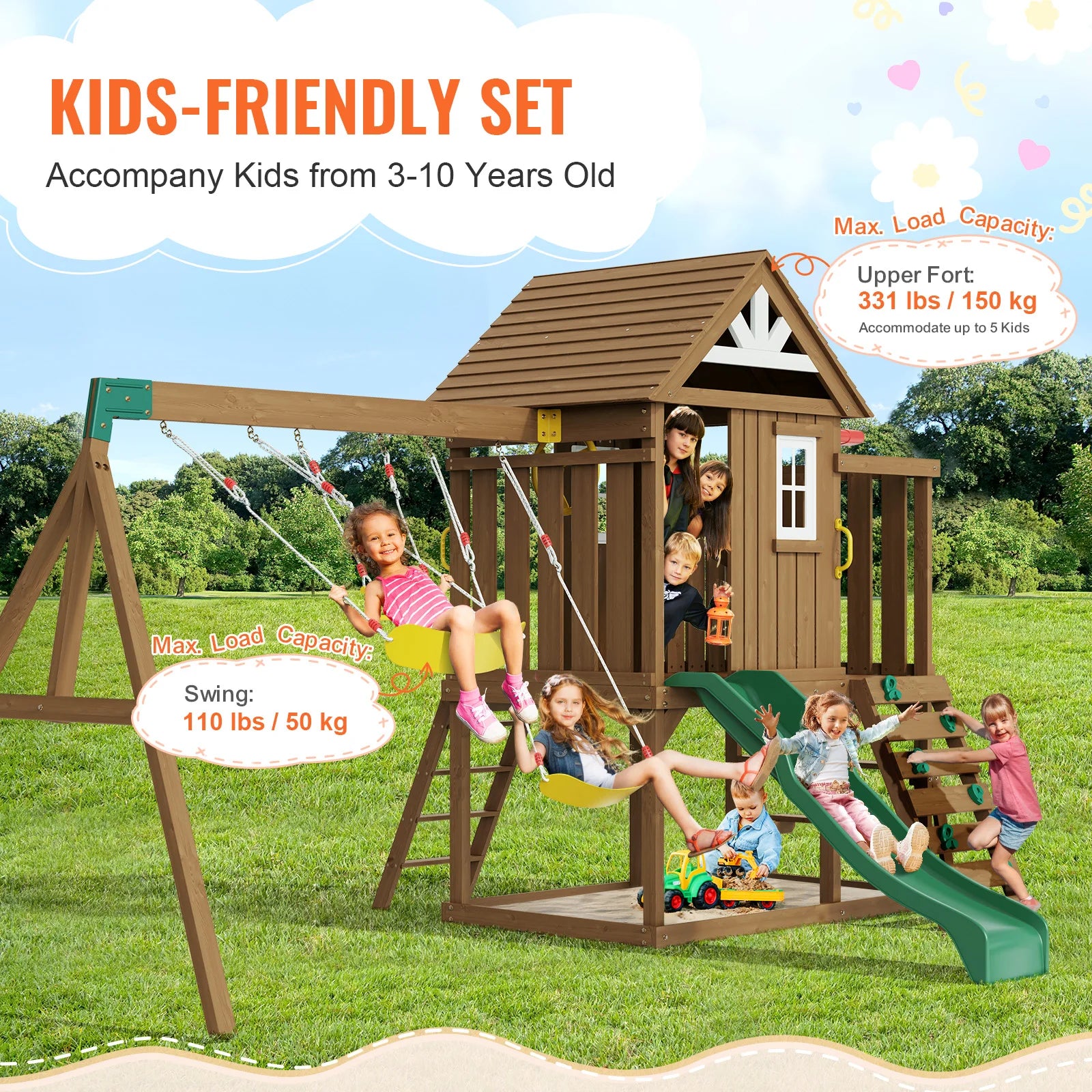 SucceBuy Wooden Swing Set 9/10 IN 1 Outdoor Playground Sets for Backyards 2 Swings Trapeze Bar 6 FT Slide Large Upper Fort