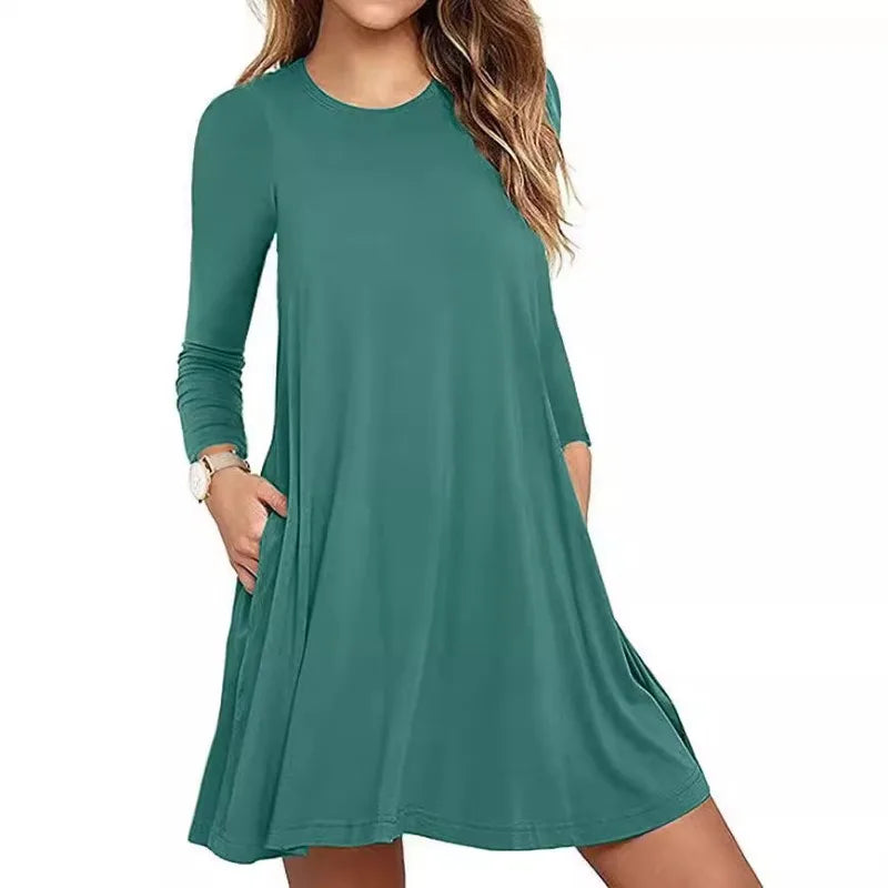Women's Clothing New Autumn Winter Dress Solid Color Round Neck Swing Pocket Swing