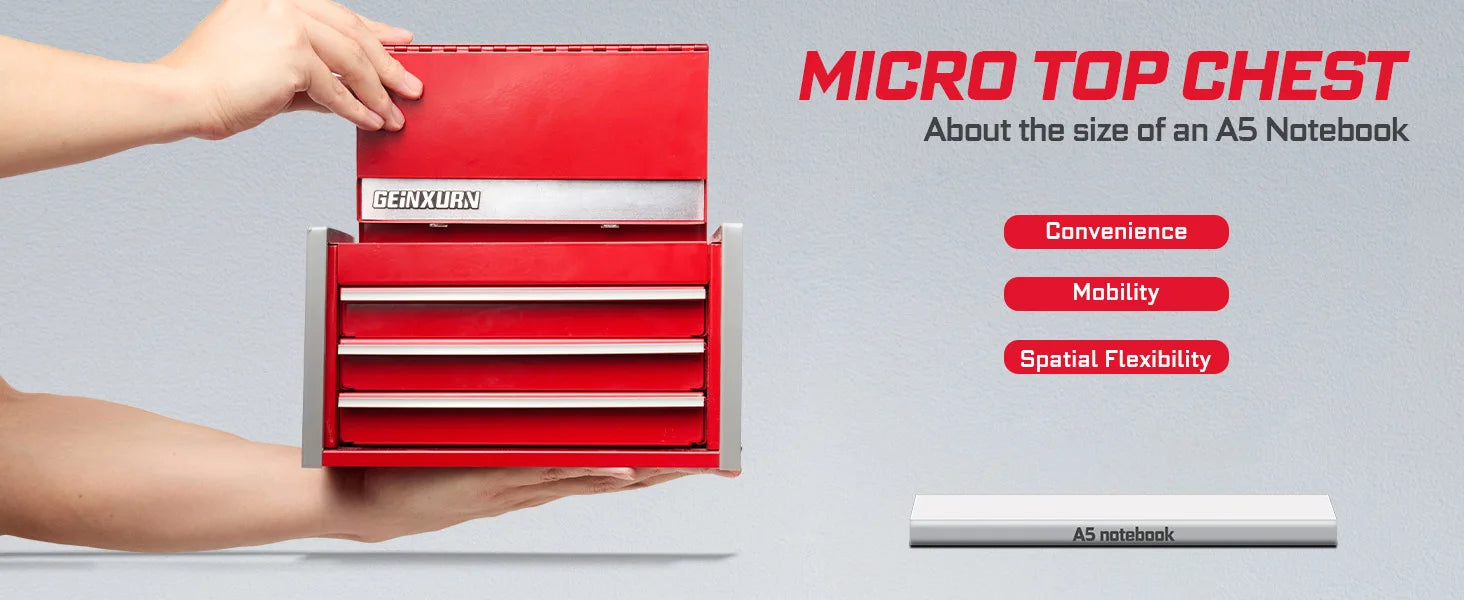 Geinxurn Mini Tool Box, Red Portable 3 or 5 Drawer Micro Roll Cab Steel Stackable Tool Cases with Magnetic Tab Locking