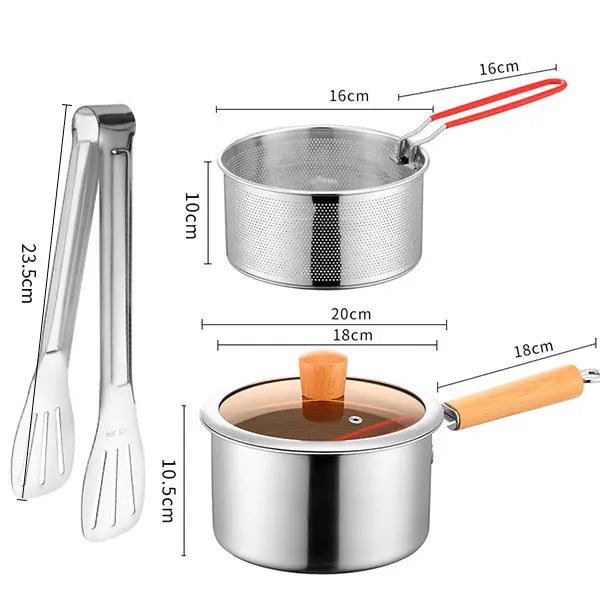 20cm Stainless Steel Deep Fryer Pot with Strainer Basket Wood Handle Mini Saucepan Soup Pot Milk Pan Cooking Pot Induction Safe