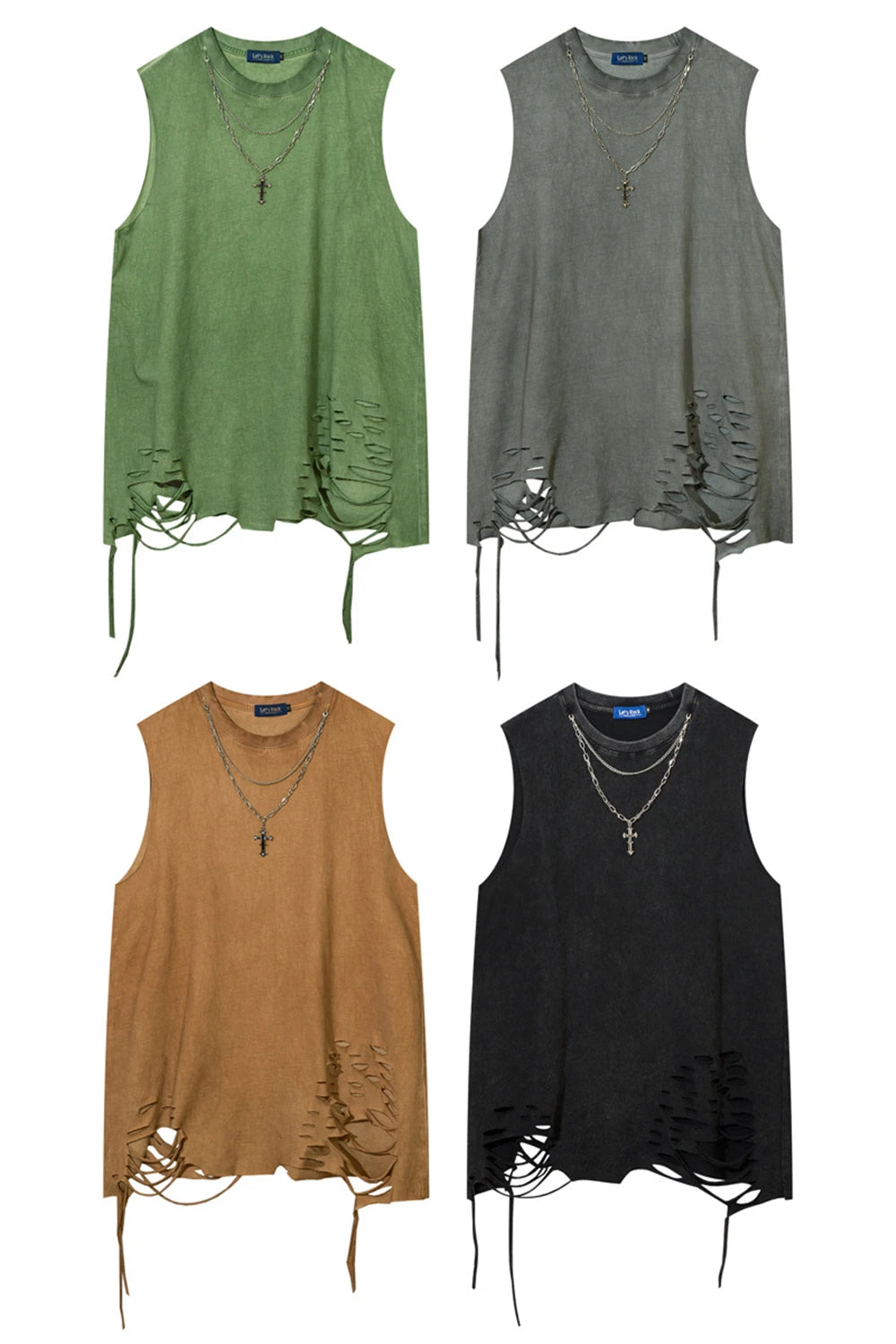Hip Hop Tank Tops Men's Vintage Washed Sleeveless T-Shirt Hole Harajuku Dancing Breathable Tops with Necklace Streetwear