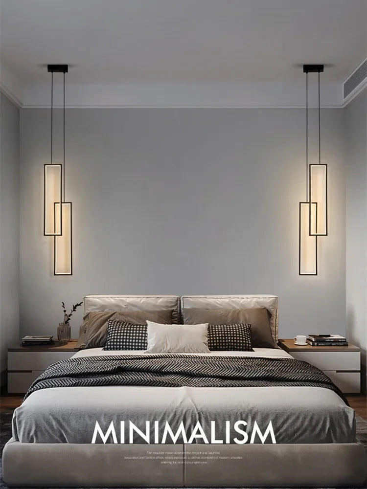 Modern Rectangle Led Pendant Lamp Living Room background Wall Chandelier Home Decor Bedroom Bedside Hanging Light Lustre Fixture