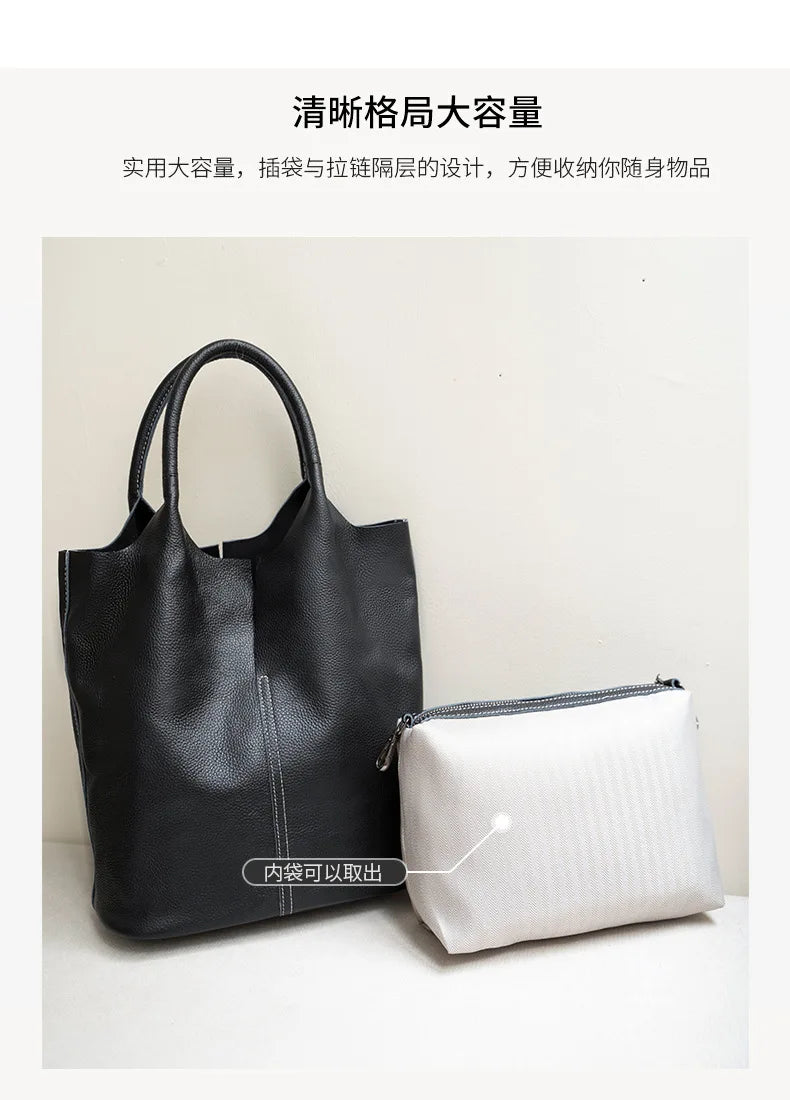 Genuine Grade Leather Women Commuter Tote Bag Ladies Soft Cowhide Tote Shoulder Handbag Large Female Bucket Bag Luxury Designer