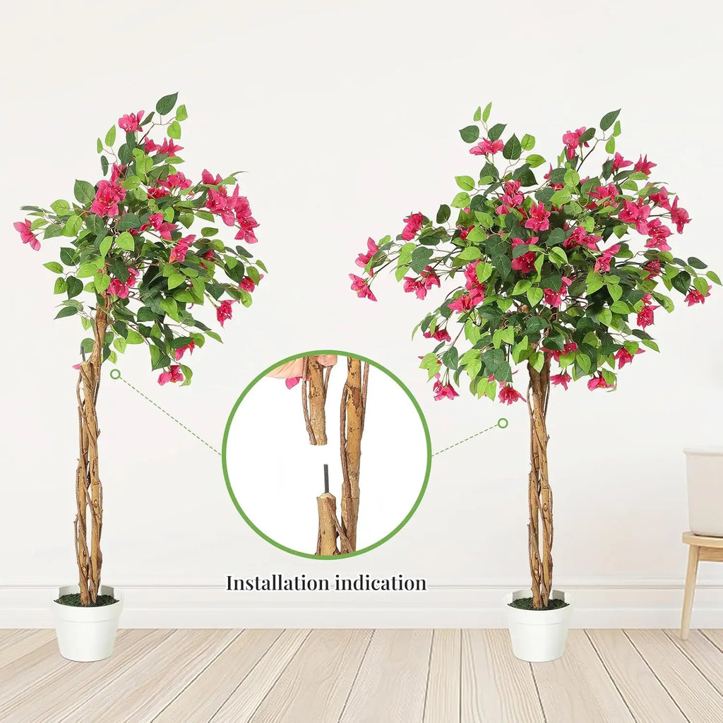 Artificial Bougainvillea Tree, Tall Potted Lifelike Tree Indoor, Faux Tree with Wood Trunk and Pink Flowers for Outdoor