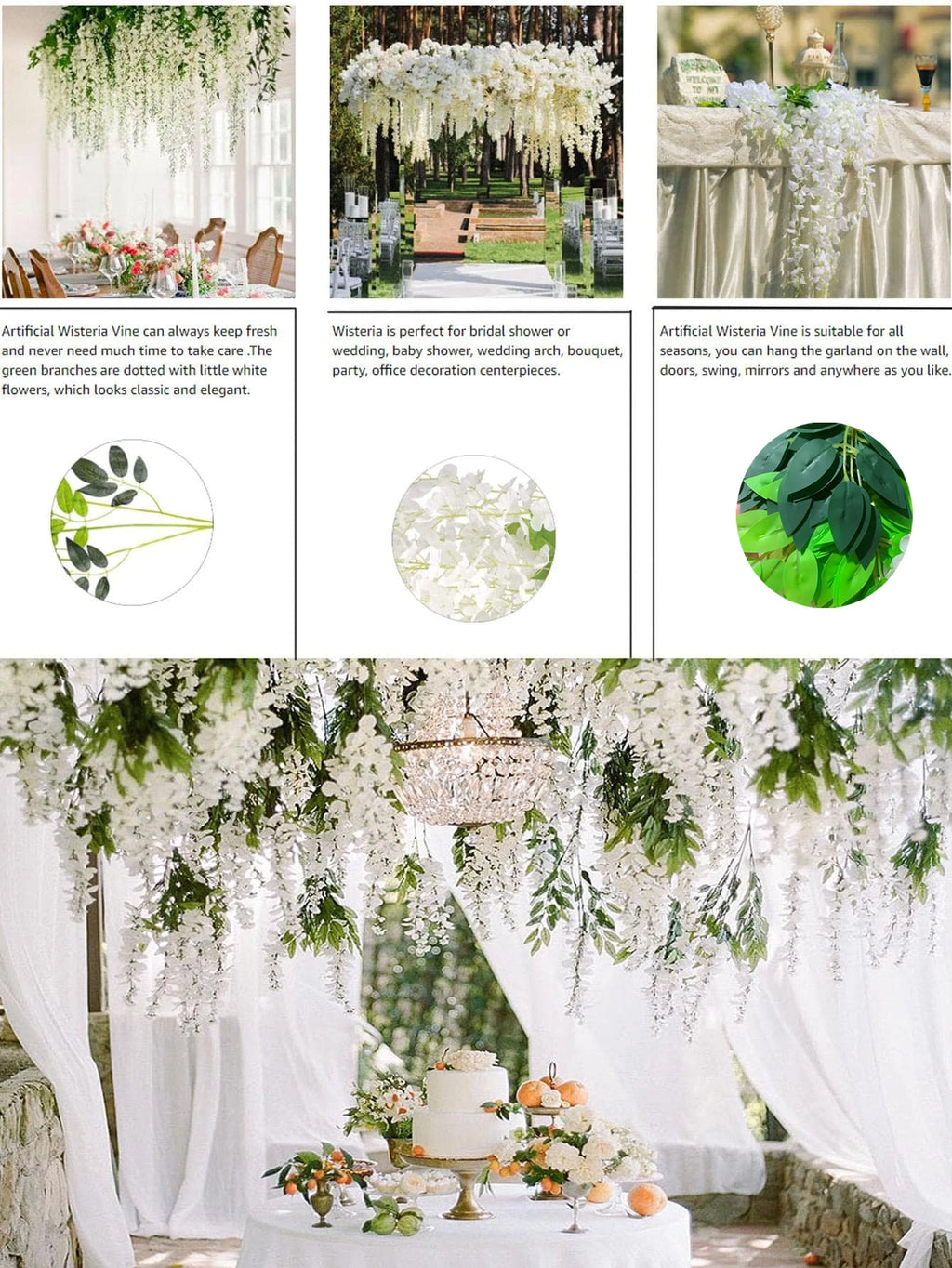 12pcs Artificial Flowers Hanging Wisteria Faux Flowers Garland Silk Vine Rattan Long String Home Outdoor Wedding Party Decor