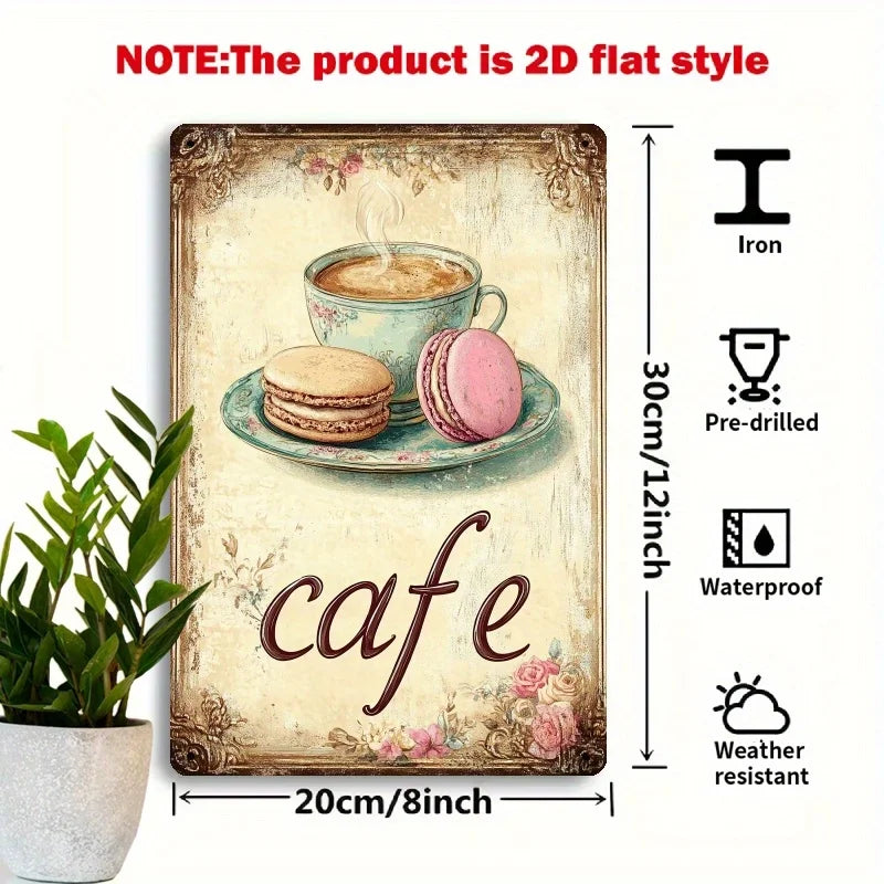 Vintage Cafe Tin Sign, 8x12 Inch Iron Wall Art with Rustic Coffee Design - Perfect for Home, Office, Restaurant Decor