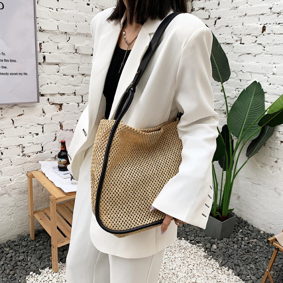 Summer Large Beach Bag Ladies Designer Tote Straw Woven Hollow Shoulder Out Soft Large Capacity Vacation Shopping Handbag Purse