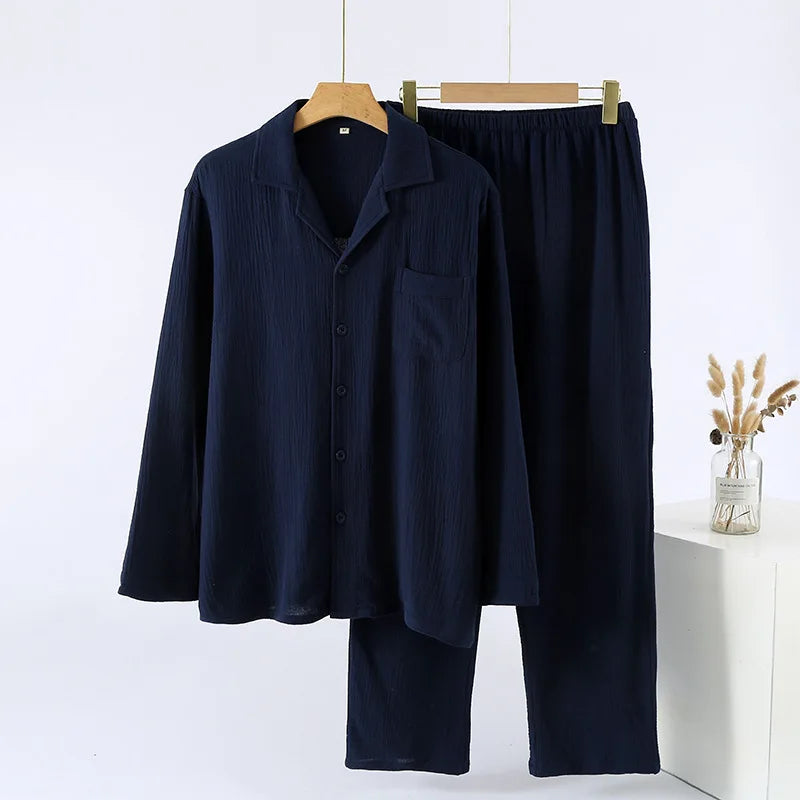 Men's Sleepwear Clothes for Spring and Autumn Cotton Double-layer Cardigan Loose Oversized Long Sleeved Pants Home Clothes