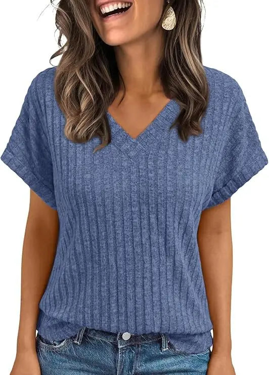 Women's Clothing Europe America All-match Knit T-shirt Summer 2025 New Casual Loose V-neck Short Sleeve Pullover Lady Solid Tops
