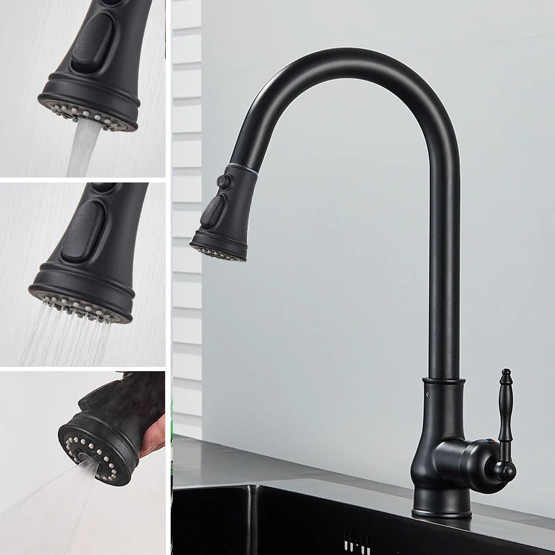 Antique Brass Kitchen Faucet Pull Out Kitchen Sink Faucet Single Handle Faucet 360 Rotate Kitchen Tap Hot Cold Water Mixer Crane