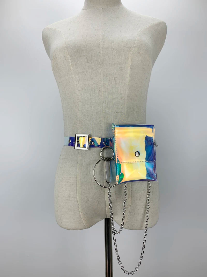 2024 Laser Colorful Holographic Belt Bag Women Fashion PVC Chains Waist Bag Street Casual Elegant Fanny Pack