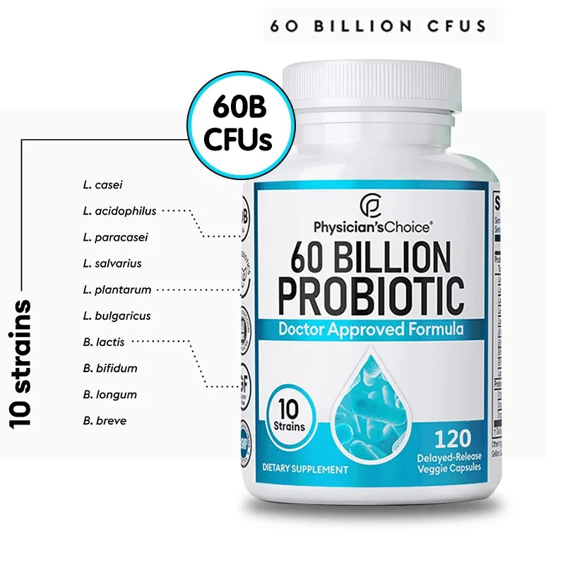 Probiotics 60 Billion CFU - 10 Strains + Organic Prebiotics, Immune, Digestive, Gut Health, Supports Constipation, Gas, Bloating