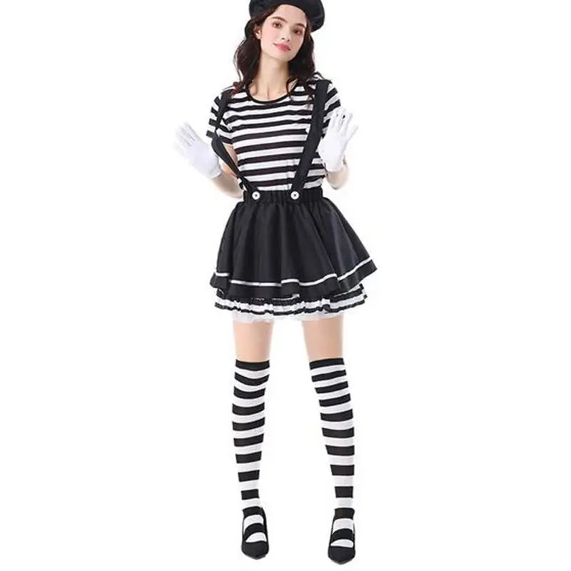 Women Clown Costumes Black White Striped Tops Suspender Skirt Gloves and Hat Set Halloween Cosplay Outfit