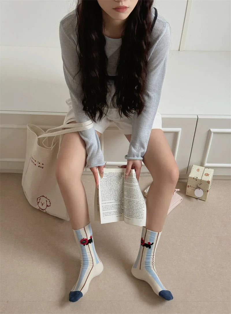 Socks For Women Cute New Novelties Fashion Cotton Breathable Funny Socks Female Casual Long Preppy Style Cartoon Socks Striped