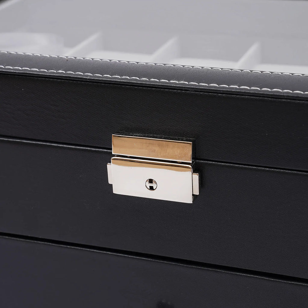 3 Layer Black Leather Watch And Eyeglasses&Sunglasses Box With Jewelry Display Drawer Metal Buckle Case Organizer