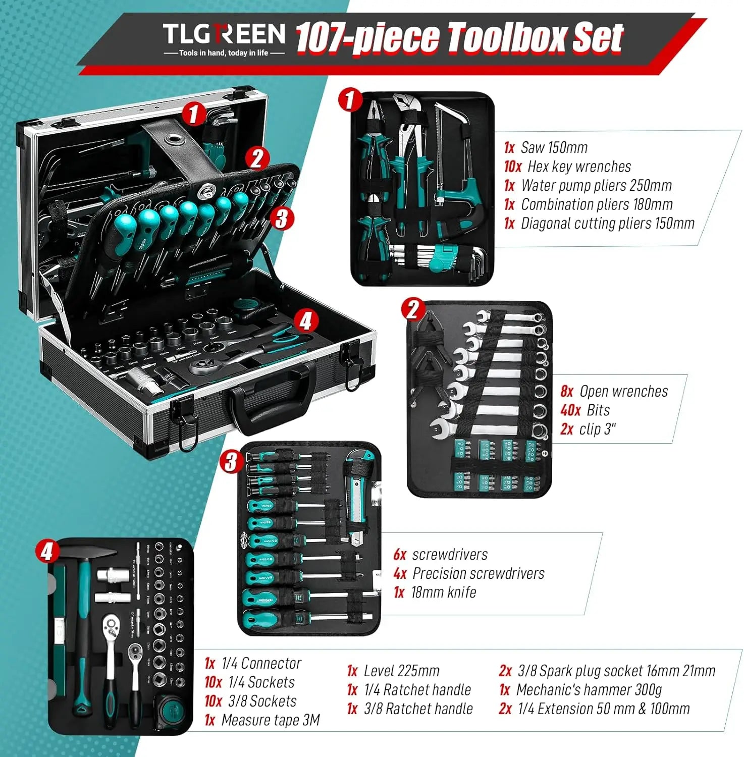 Tool Box Filled 107-Piece Tool Set, Portable Tool Storage Box with Metal Lock, Aluminum Alloy Hard Craftsman Tool Organizer Case